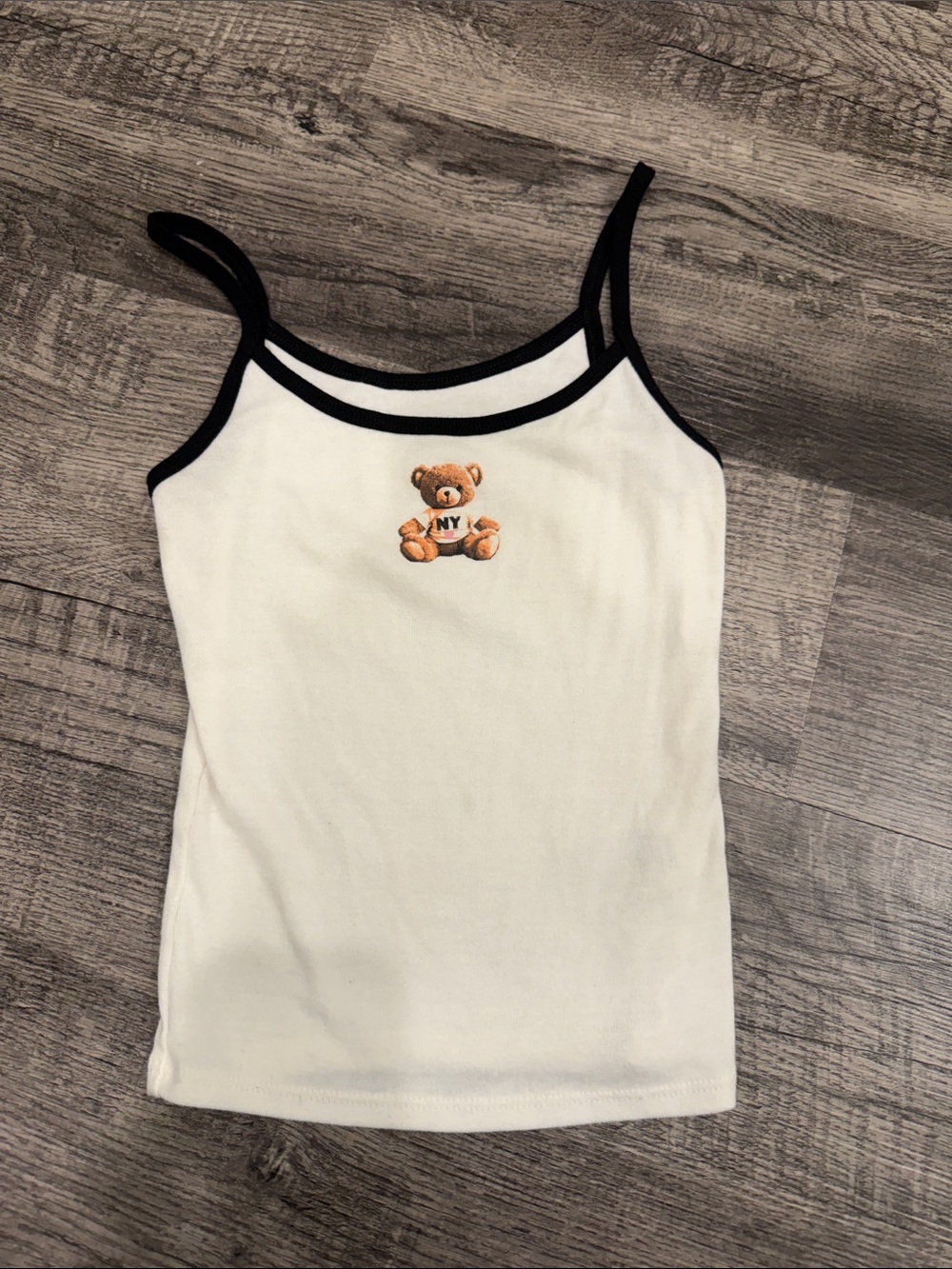 No Boundaries White Tank Top with Black Trim and Teddy Bear Patch
